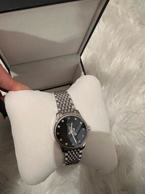 Gucci Silver Bracelet Watch with Black Dial and Crystal Markers